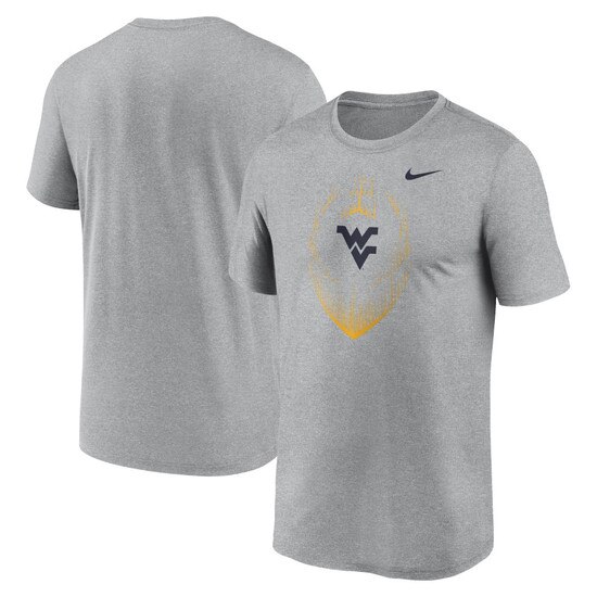 Front and back view of a dark grey heather Nike WVU short sleeve shirt with a gold football icon and navy Flying WV as chest graphic